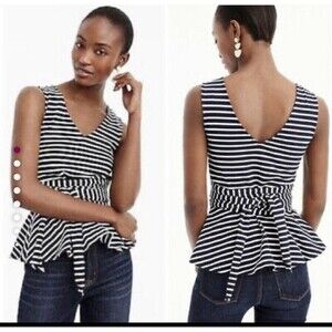 J Crew Stripe Peplum Tank Top Navy White Cotton Nautical Large H7755
